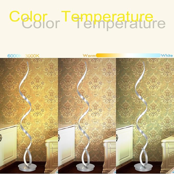 57" Modern Silver Floor Lamp,Simple Desin Shape Lamp,3 Color Light,Foot Step Switch Spriral,Floor Light with Remote for Living Room,Bedroom,Dining Room(Silver)