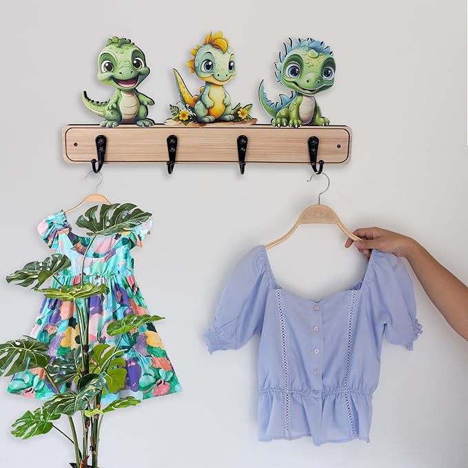 Dog Leash Holder for Wall Mount, Farmhouse Wooden Dog Claw Hooks, Paws Key Rack Accessories for Rustic Home Decor (Dinosaur)