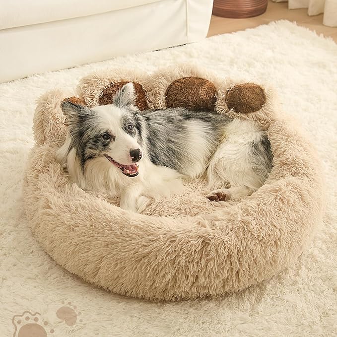Jiupety Paw Shape Calming Pet Bed, Medium Plush Faux Fur Donut Bed for Dogs & Cats, Machine Washable, Non-Slip Bottom, Extra Large Size (32"×32"×10"), Camel