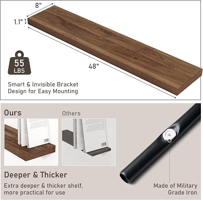Fun Memories 48 Inch Floating Shelves for Wall 8 Inch Deep Walnut Shelves Set of 2, Wall Mounted Rustic Wood Long Floating Shelf, Large Display & Storage Shelf with Invisible Brackets