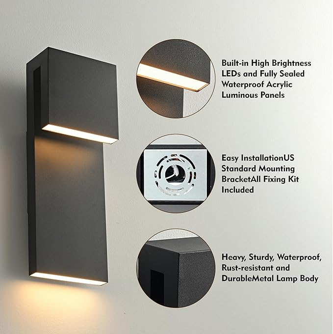 Modern LED Large Outdoor Wall Light 3000K 28W IP65 Waterproof Integrated LED Outdoor Wall Sconce Anti Rust Black Porch Lights Exterior Lighting Outside Lights Fixture for Garage,Balcony,Backyard 1PACK