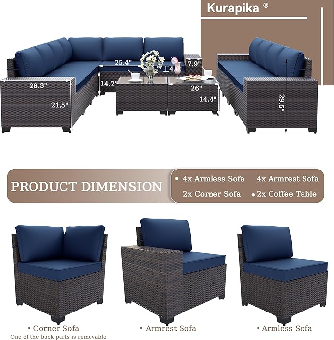 Kurapika 12 Pieces Patio Furniture Set, Rattan Wicker Outdoor Conversation Sets w/4 Inch Cushion and Glass Coffee Table(Navy Blue)