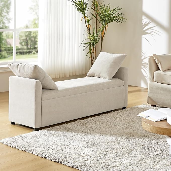 HULALA HOME Modern Storage Bench with Throw Pillows, 59.4" Extra Long Bedroom Ottoman Bench for End of Bed, Comfy Upholstered Footstool for Entryway Living Room Dining Room, Linen