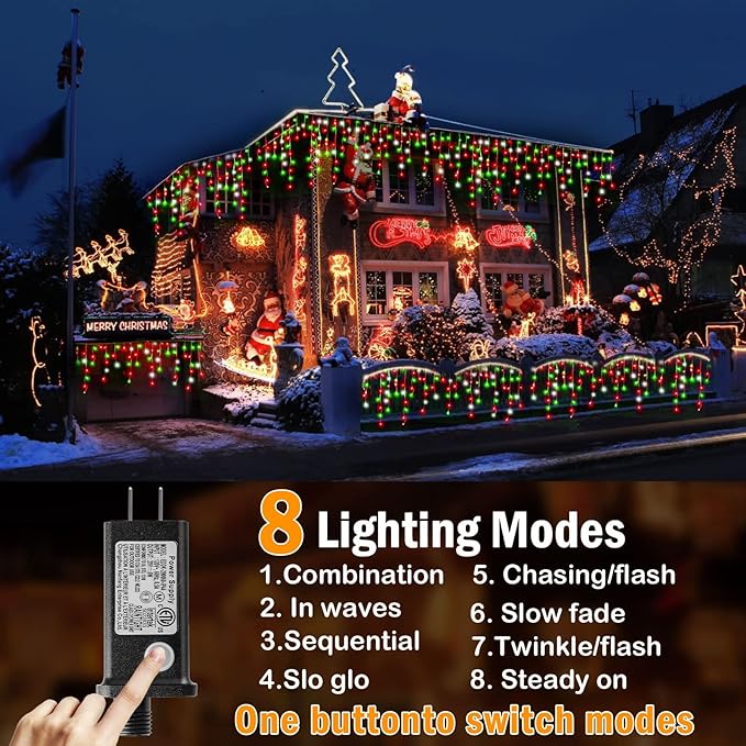 Hezbjiti Christmas Lights - Outdoor Decorations, LED Fairy String Curtain Lights with 75 Drops, 8 Modes, 1600LED, 164FT for Christmas Decor (Red, Green, Cold)