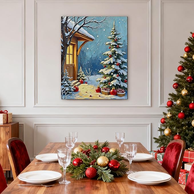 Framed Christmas Pictures Wall Decor,Vintage Pine Tree Prints,Winter Christmas Canvas Wall Art Decoration for Bedroom Bathroom Living Room Rustic Xmas Holiday Gifts (Christmas Tree 21, 16'' X 24'')