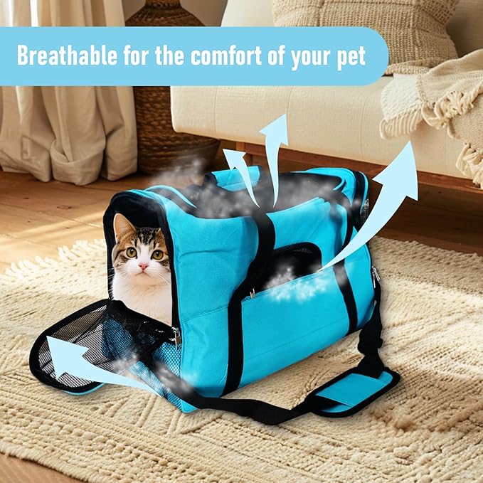 Expandable Cat Carrier for Travel, Soft-Sided Pet Carrier for Cats and Small Dogs, Airline Approved, Comfortable & Breathable Cat Carrying Bag with Adjustable Strap for Daily Use & Airplane(Blue)