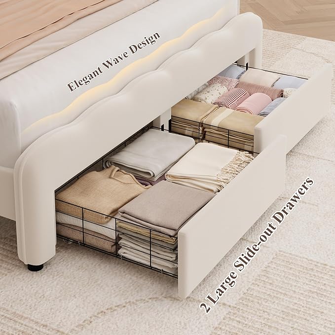 HOSTACK Full Upholstered LED Bed Frame with Storage Drawers, Cute Girls Bed with Adjustable Lotus Headboard, Velvet Princess Platform Bed Frame, Wooden Slats Support, No Box Spring Needed, Cream