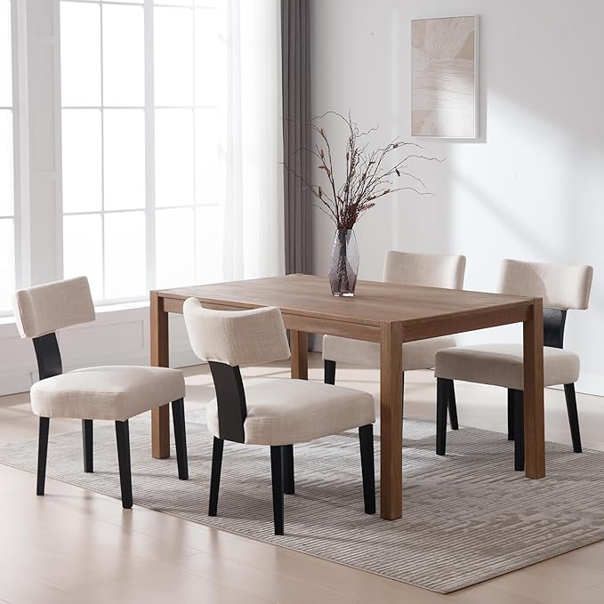 Linen Dining Chairs Set of 4 Modern Dining Chair with Black Wood Legs, Upholstered Dining Chairs for Dining Room, Kitchen, Vanity, Living Room, Beige