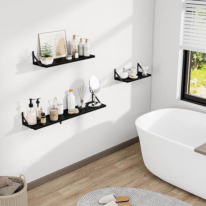 Dreamland Deep Floating Shelves for Wall, 48W x 8D Wall Mounted Shelves Set of 2, Wide Display Ledge Shelf with Sturdy Metal Brackets for Living Room, Bathroom, Bedroom and Kitchen, Black