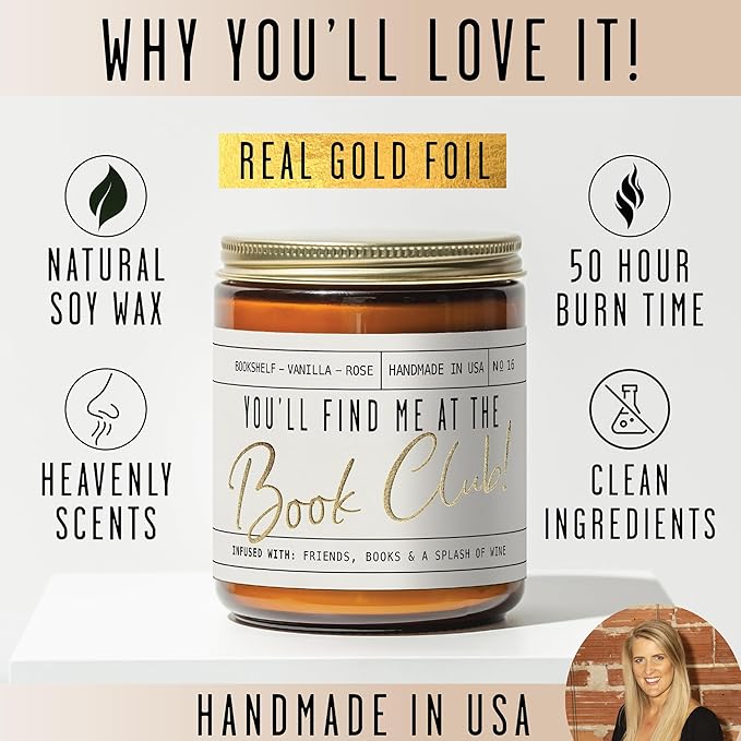 Book Lovers Gifts for Women - 'You'll Find Me at The Book Club' Candle, Old Library, Vanilla, Rose I Bookish Gifts for Women Readers I Reading Accessories for Reading Lovers I 50Hr Burn, USA Made