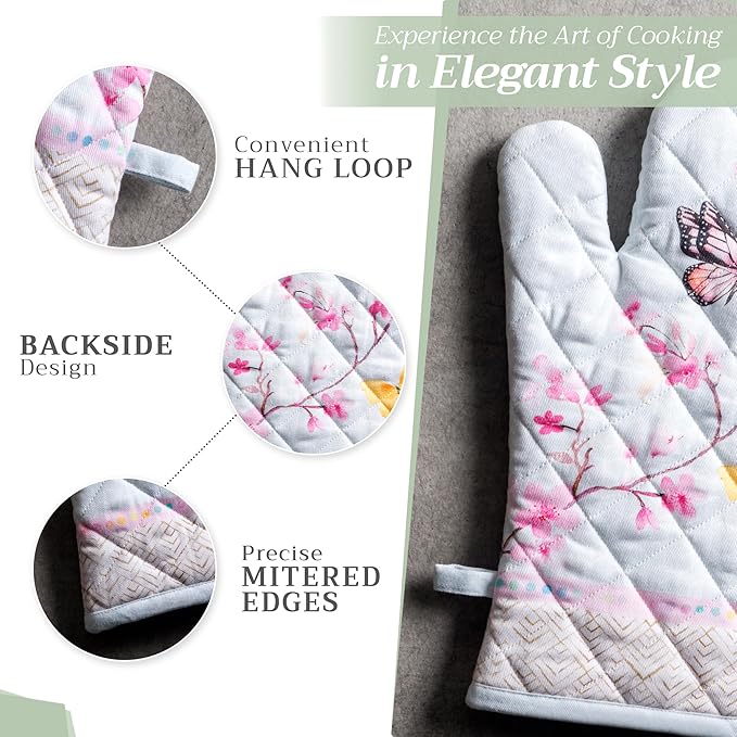 Maison d' Hermine 100% Cotton Oven Mitt & Pot Holder Set (7.5"x13" & 8"x8") Heat Resistant BBQ Cooking Gloves with Loop, Baking, Grilling, Kitchen, Handling Hot Pans Spring/Summer (Blossoms In Spring)