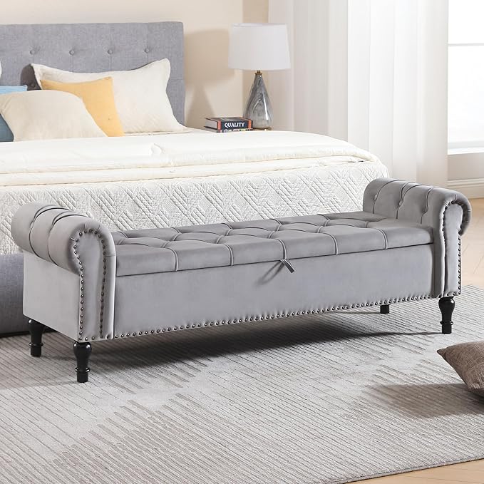 Velvet Storage Bench 67 Inch Upholstered Tufted Ottoman Bench with Arms King Size End of Bed Bench for Bedroom Living Room Entryway Grey