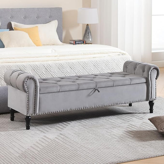 Velvet Storage Bench 67 Inch Upholstered Tufted Ottoman Bench with Arms King Size End of Bed Bench for Bedroom Living Room Entryway Grey