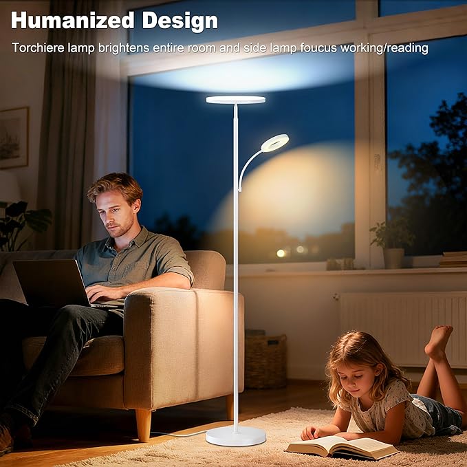 White Floor Lamps for Living Room Bedroom, 42W/4300LM Super Bright LED Floor Lamp with Remote and Touch Control, Stepless Dimmable, 69" Tall Standing Lamp with Gooseneck Reading Light for Office