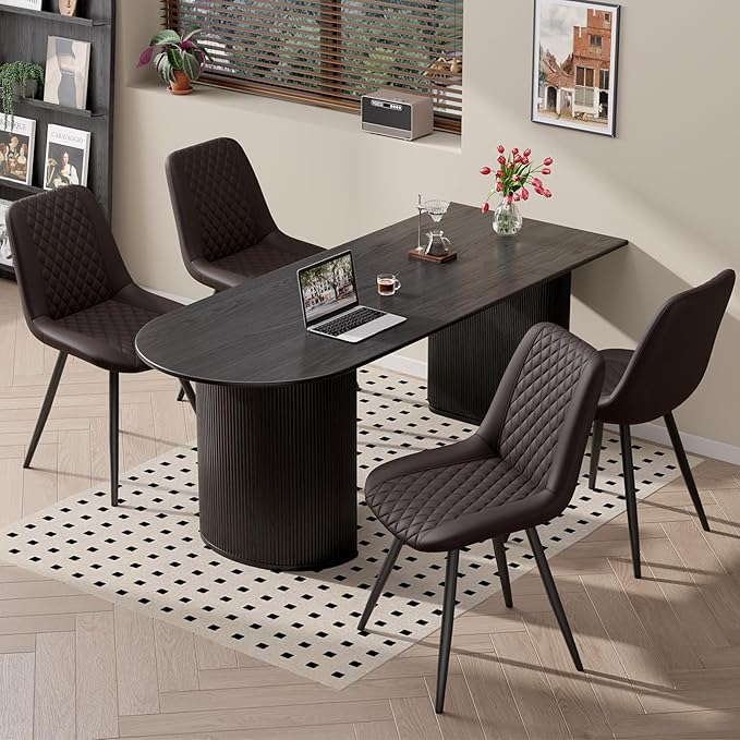 Modern Dining Chairs Set of 6, Top PU Leather Upholstered Dining Room Chairs with Metal Legs, Dark Brown