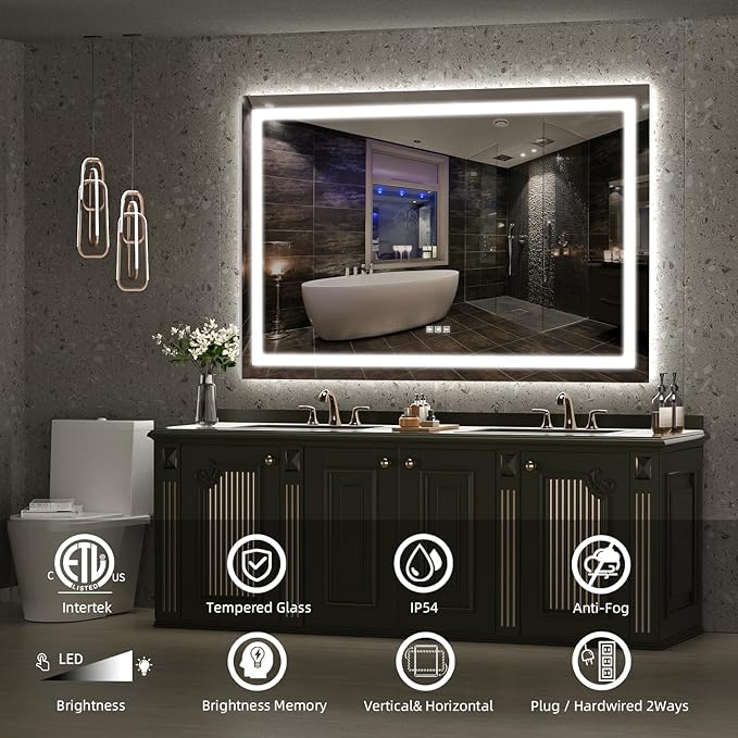 LED Mirror for Bathroom, 60x40 Inch Backlit + Front Lighted Bathroom Vanity Mirror with Lights for Wall, Double Light Strips, 3 Colors, Shatter-Proof, Anti-Fog and Brightness Memory