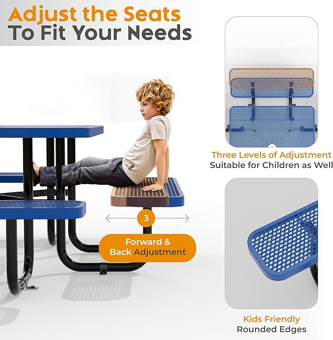 Metal Picnic Tables for Outdoors with Umbrella Hole - Coated Steel Heavy Duty Commercial Grade Furniture with Adjustable Seats (Blue, 46 in, Square, Expanded Steel)