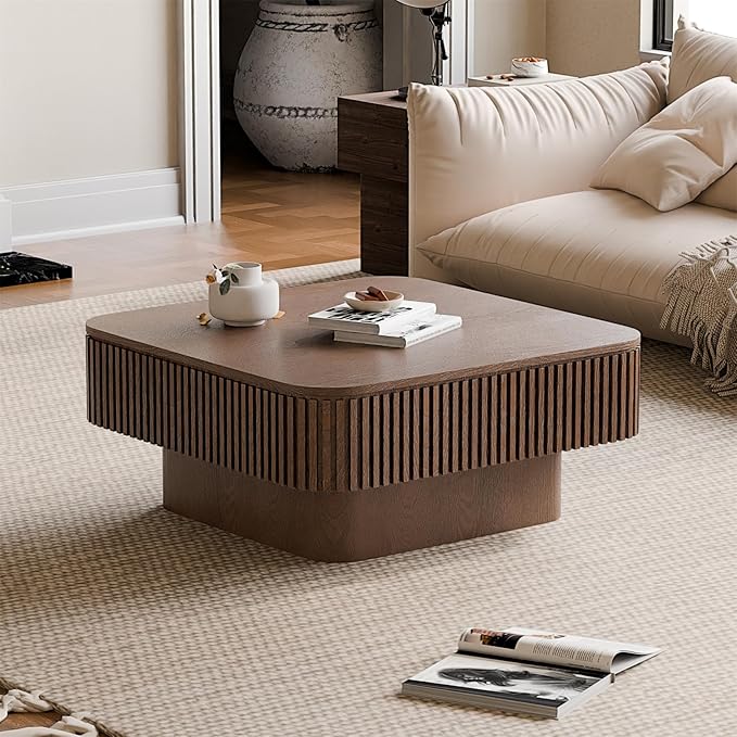Square Coffee Table for Living Room,Fluted Drum Accent Tea Center Table with Storage,Solid Wood Modern Coffee Tables for Small Space Office Apartment (31.5" L×31.5''W×14''H-Walnut)