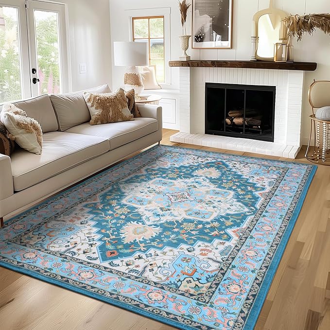 WILLSUN Washable Area Rugs, 4x6 Non-Slip Boho Large Area Rugs for Living Room, Bedroom, Machine Washable Vintage Rug, Indoor Floral Print Carpet for Home Decor, Kid & Pet Friendly Mat