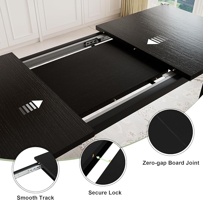 Feonase 7-Piece Dining Table Set with 6 Stools, 63" Large Extendable Kitchen Table Set for 4-8, Mid-Century Dining Room Table with Heavy-Duty Frame, Easy Assembly, Black