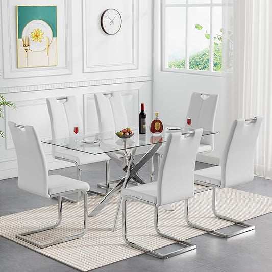 51'' Silver Glass Dining Table Set for 6,7 Piece Kitchen Table and Chairs Set with Metal Legs and 6 PU Leather Dining Chairs for Kitchen Room Small Spaces