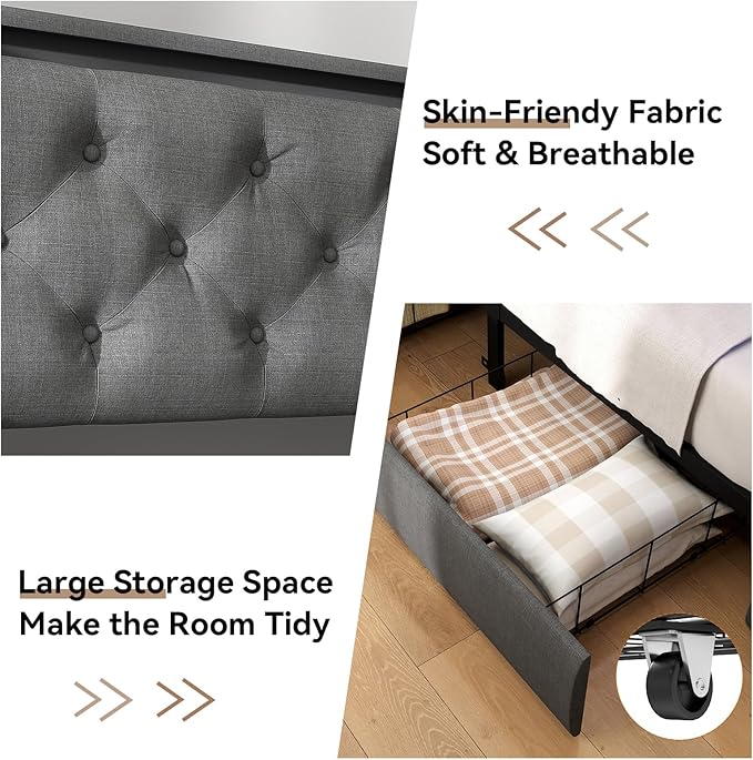 SADENICEL King Size Bed Frame with Storage Headboard, Metal Platform Bed Frame King with 4 Drawer, LED Light, Charging Station, No Box Spring Needed, Noise Free, Easy Assembly, Grey