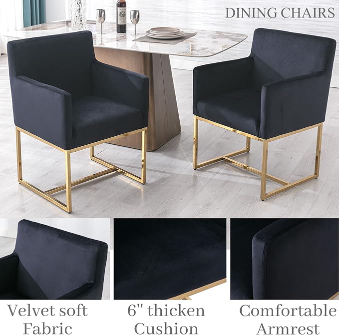 Set of 6 Upholstered Velvet Dining Chairs with Armrest, Mid Century Modern Accent Armchairs, Modern Kitchen & Dining Room Chairs with Gold Frame, Black