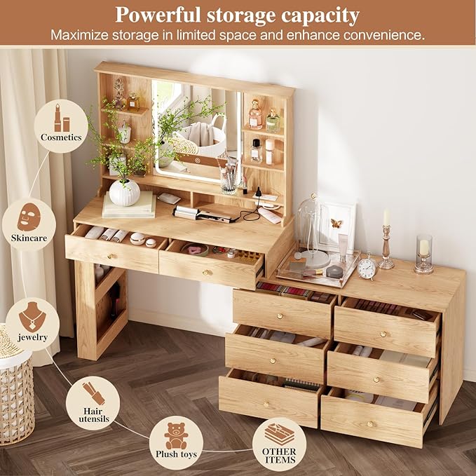 Makeup Vanity Desk with Mirror and Lights, Vanity Desk with 8 Drawers & Storage Shelves, Vanity Table with Power Outlet, 3 Color Modes & Adjustable Brightness Dressing Table, Bedroom,Oak2