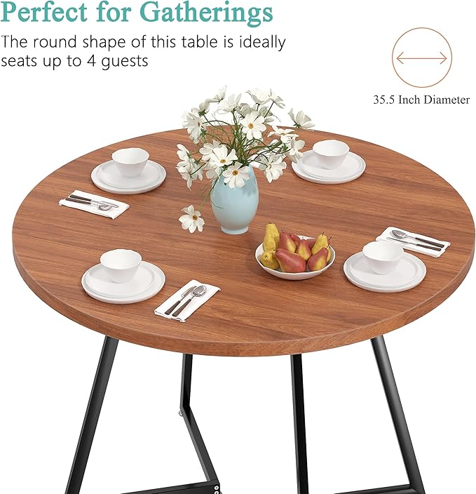 VECELO 35” Round Dining Table Set with 4 Cushioned Padded Chairs for Kitchen, Breakfast Nook, or Living Room, Wood-Grain Tabletop & Heavy-Duty Steel Frame, Easy Assembly, Walnut