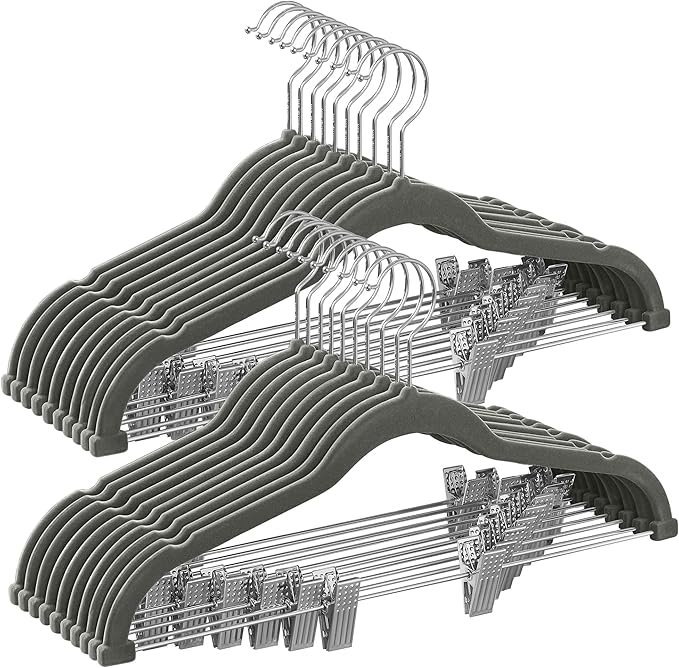 SONGMICS 20-Pack Pants Hangers, 16.7-Inch Long Velvet Hangers with Adjustable Clips, Heavy-Duty, Non-Slip Skirt Hangers, Space-Saving for Pants, Skirts, Coats, Dresses, Gray UCRF012G20