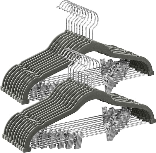 SONGMICS 20-Pack Pants Hangers, 16.7-Inch Long Velvet Hangers with Adjustable Clips, Heavy-Duty, Non-Slip Skirt Hangers, Space-Saving for Pants, Skirts, Coats, Dresses, Gray UCRF012G20