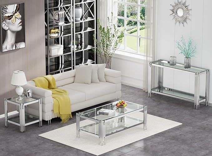 Goujxcy Modern Glass Console Table 55" Silver Entryway Table with Tempered Glass Top and Mirror Stainless Steel Legs,Luxury Rectangular Sofa Table for Living Room Hallway Corridor Table (Silver)