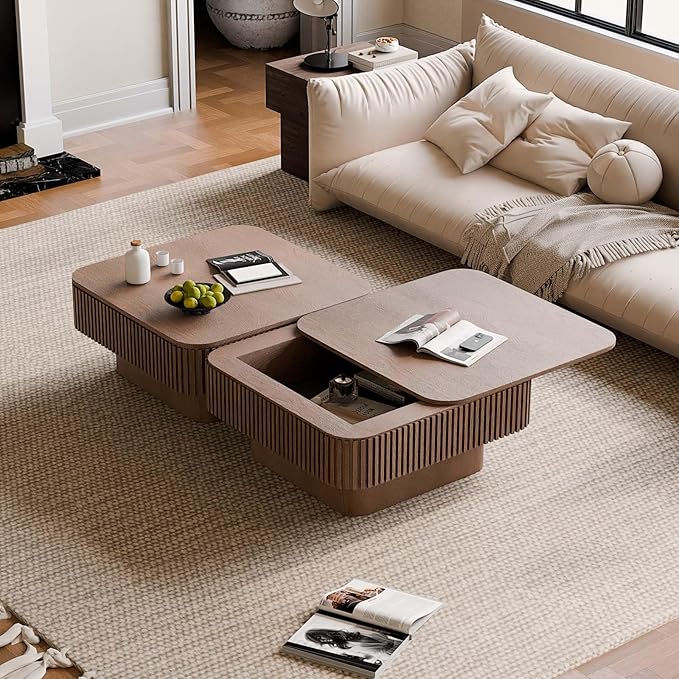 31.5'' Small Square Coffee Table with Storage, Fluted Coffee Table with Solid Wood Veneered, Mid Century Modern Wooden Center Table, Accent Tea Table for Small Space Living Room Apartment, Walnut