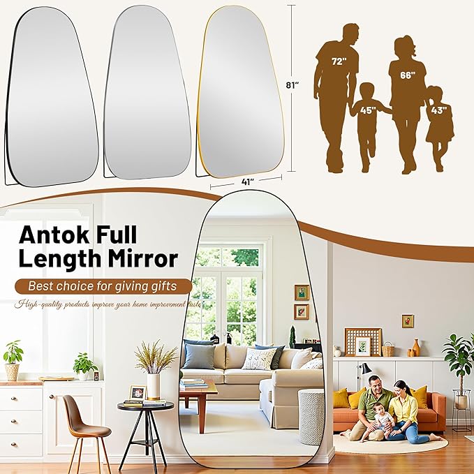 Antok Full Length Mirror, 81"x41" Floor Mirror with Stand,Standing Hanging Leaning Irregular Mirrors for Bedroom Living Room Entryway,Tear Drop Style,Black