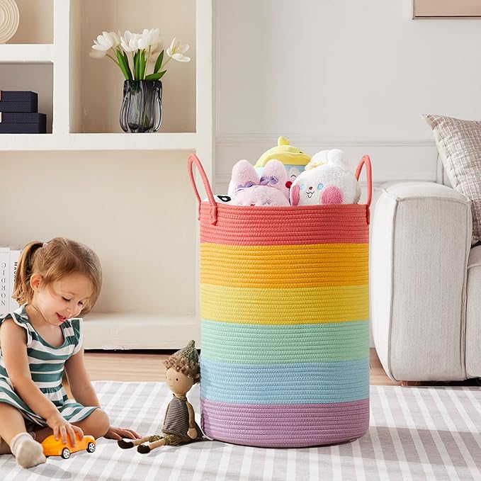 80L Extra Large Rainbow Laundry Hamper Basket for Girls Kids Tall Unicorn Baby Nursery Hamper for Clothes Woven Roper Blanket Toy Basket in Living Room Playroom Bedroom