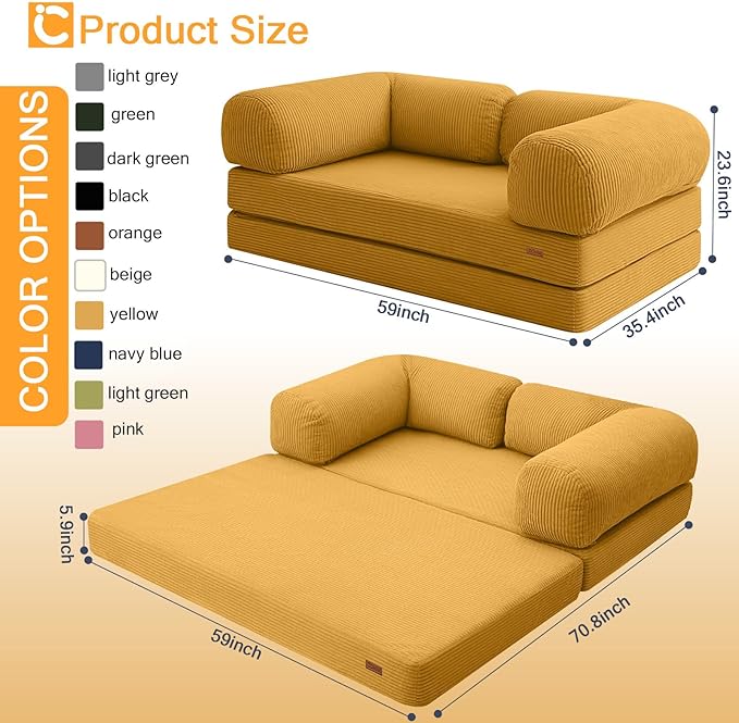 COMAX Futon Sofa Bed, 4-in-1 Floor Foldable Sofa Couch Bed Queen with L-Shaped Armrests, Convertible Folding Chair Bed Sleeper Mattress Fold Out Comfy Lounge for Living Room Bedroom, Yellow