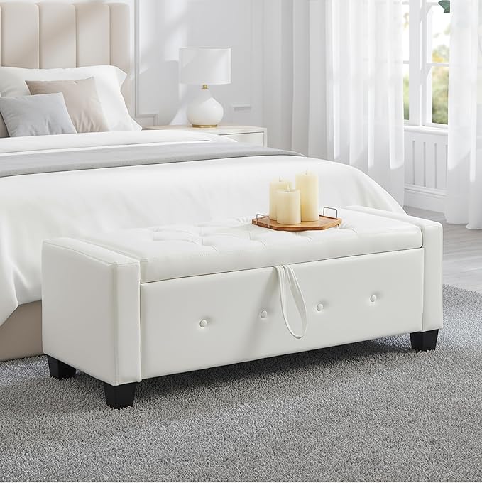 48" Faux Leather Ottoman with Storage, Tufted Storage Ottoman Bench with Safety Hinge, Rectangular Extra Long Bench for Bedroom, Living Room, Entryway and Window, White