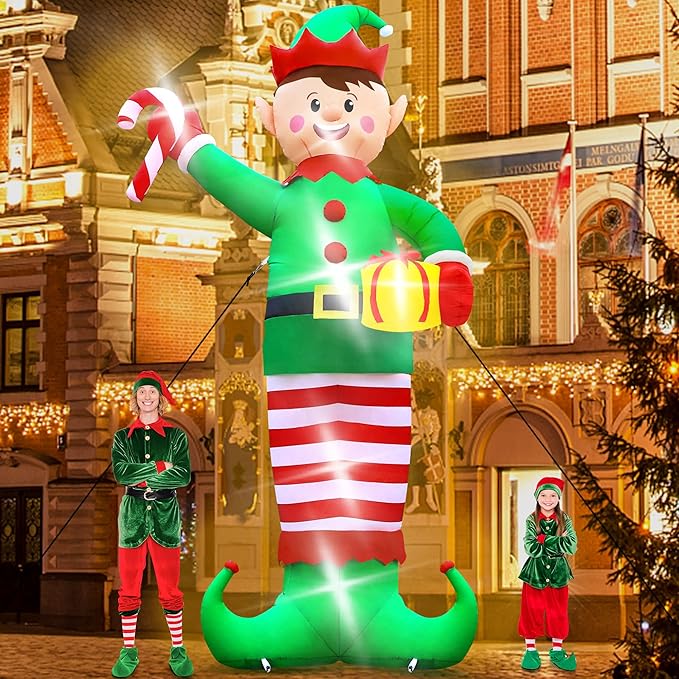 Christmas Inflatables, Giant 15 FT Christmas Elf Inflatable Outdoor Decoration, Blow Up Xmas Elf Holding Box, LED Lighted Holiday Yard Decorations for Lawn Garden Home Party Xmas Winter Decor