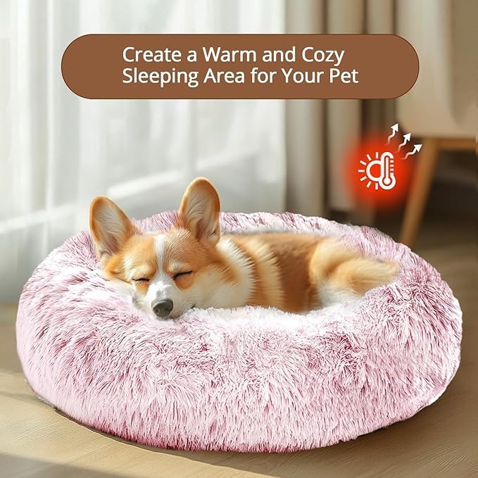 JOLLYVOGUE Calming Dog & Cat Bed for Small Dogs, Anti-Anxiety Donut Cuddler Cozy Soft Round Bed with Anti-Slip Bottom, Fluffy Faux Fur Plush Cushion Beds for Small Medium Dogs, 23"/Smoke Pink
