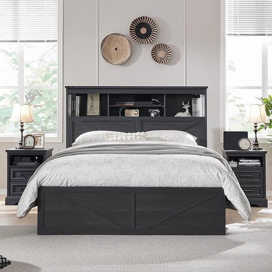 ACCOHOHO Queen Size Wood Bed Frame Farmhouse with 52" Tall Storage Bookcase Headboard, LED Light,Charging Station,4 Drawers and Solid Wood Slats Support,Noiseless,No Box Spring Needed - Black