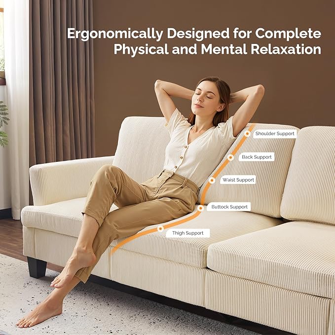 VINGLI Beige 83" Sofa Couches for Living Room, Corduroy Modern Comfy 3 Seater Couch 25.6" Deep Seat Upholstery Cozy Sofas for Small Space, Bedroom, Apartment, Home Office