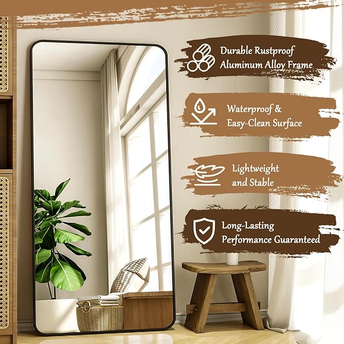 76"x34" Floor Full Length Mirror Standing Full Body Rounded Corner Rectangle Mirrors with Stand Hanging Wall Mounted Leaning Bedroom Living Room Bedroom Cloakroom,Black