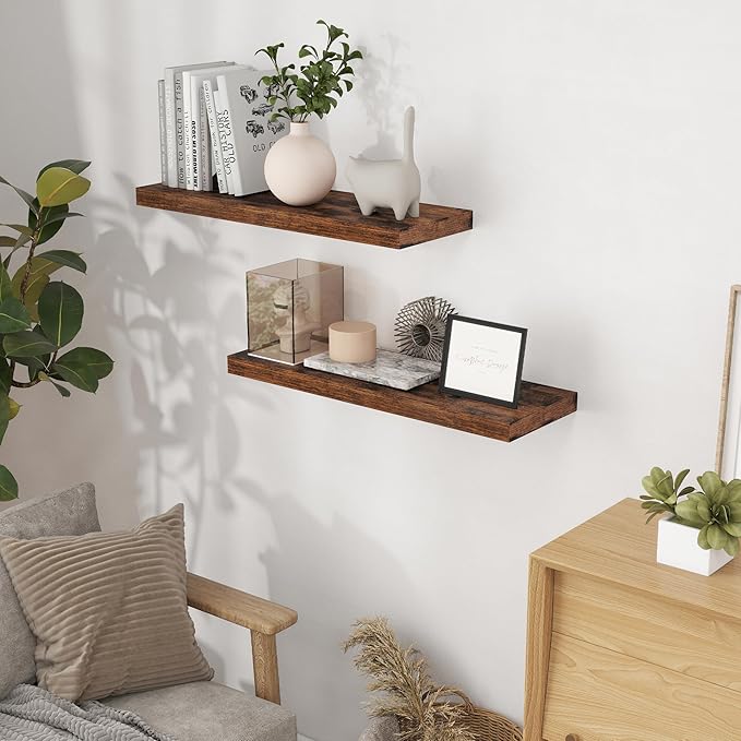 32 Inch Floating Shelves, Wall-Mounted Bathroom Shelves Set of 2, 9.3 Inch Deep Floating Shelf Bookshelf for Living Room, Bedroom, Heavy-Duty Deep Storage Shelf for Wall, Rustic Brown Color
