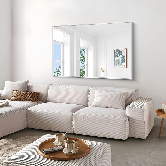 BONEWEI Silver Bathroom Mirror,55x36 inch Wall Mirror for Bathroom Wall Mounted,Large Rectangle Mirror for Bathroom Over Sink,Modern Metal Frame for Living Room,Bedroom Entryway,Horizontal/Vertical