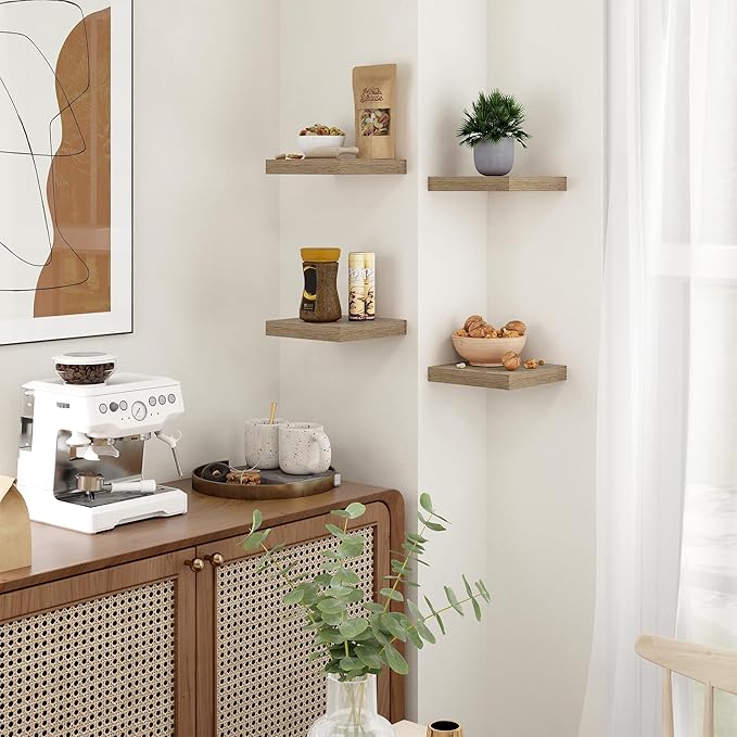 Fun Memories Square Floating Shelves for Wall - 9.3 Inch Deep Floating Shelves with Invisible Brackets, Grey Small Wall Shelf for Living Room, Bathroom, Bedroom, and Kitchen Decor，Set of 4