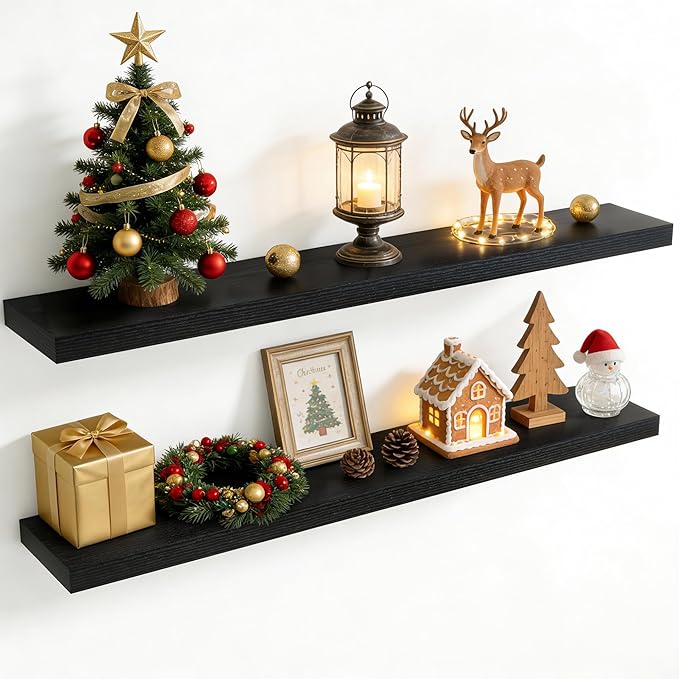 55 Inch Floating Shelves for Wall, 8 Inch Deep Floating Shelf for Storage & Display, Rustic Wall Mounted Shelf with Invisible Brackets for Living Room, Kitchen, Bathroom, Home Decor, Set of 2, Black