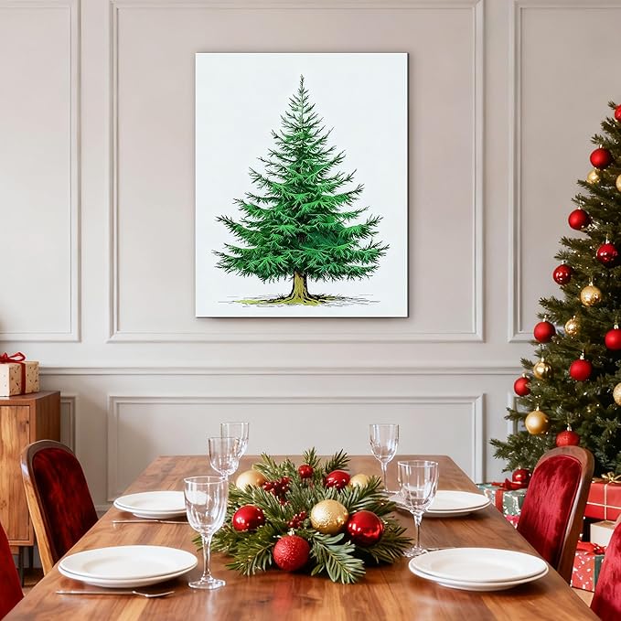 Framed Christmas Pictures Wall Decor,Vintage Pine Tree Prints,Winter Christmas Canvas Wall Art Decoration for Bedroom Bathroom Living Room Rustic Xmas Holiday Gifts (Christmas Tree 6, 20'' X 32'')