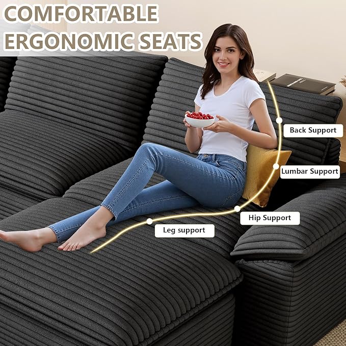 142" Cloud Sectional Couch with U-Shaped Chaise, Corduroy Sectional Sofa with Ottoman, Boneless Couch with Deep Seat in a Box for Living Room, No Assembly Required (Dark Grey)