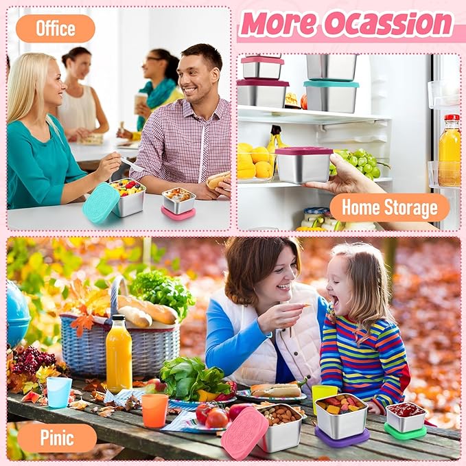 12 Pcs Stainless Steel Snack Containers 6oz & 2oz Easy Open Leak Proof Food Containers with Silicone Lids Reusable 304 Metal Food Box for School Home Picnic (Classic)