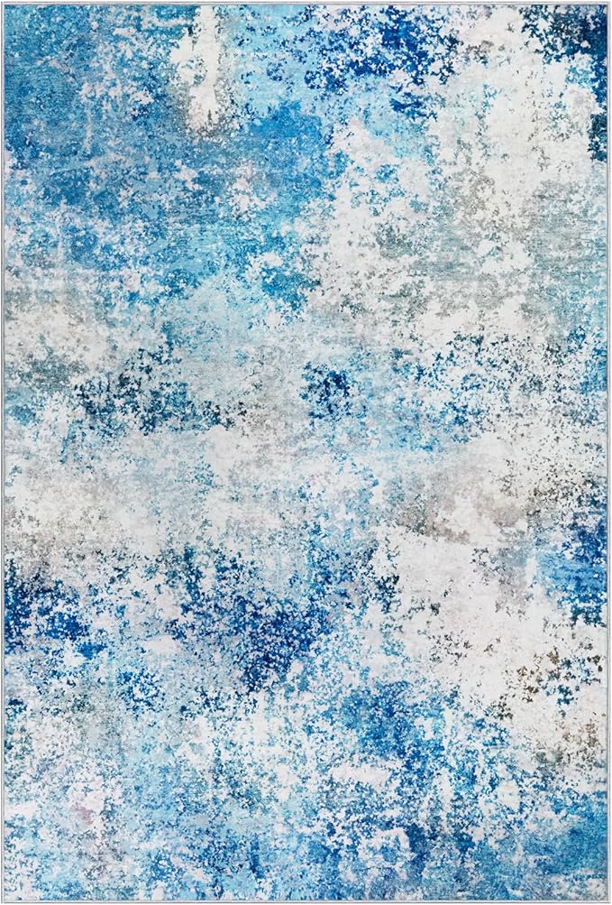 9x12 Area Rugs Living Room Rug - Washable Neutral Modern Abstract Large No Slip Soft Thin Rug Indoor Floor Carpet for Bedroom Under Dining Table Home Office Nursery Room - Blue White